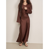 LANVIVIER 连衣裙 收腰长款 都市传说大女主 巧克力丝光缎面喇叭袖