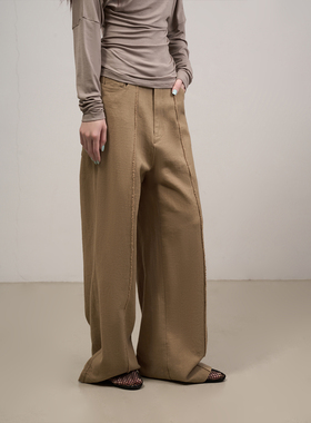LANVIVIER 美拉德自然大地色系简约通勤直脚拼缝毛边拖地长休闲裤