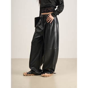 LANVIVIER 极简复古高级感小羊皮般质感细腻蛋白皮高腰阔腿休闲裤