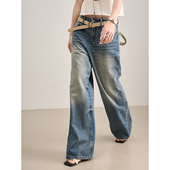 经典 美式 牛仔 LANVIVIER 做旧磨破拉毛猫须水洗纹直筒阔腿牛仔裤