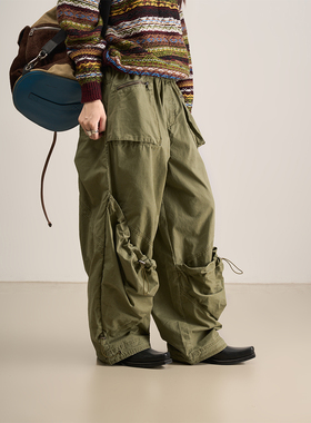 LANVIVIER 帅气另类 百搭伞兵裤 抽绳裤腿解构感宽松军绿色休闲裤
