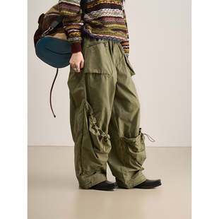 腿解构感宽松军绿色休闲裤 LANVIVIER 抽绳裤 百搭伞兵裤 帅气另类