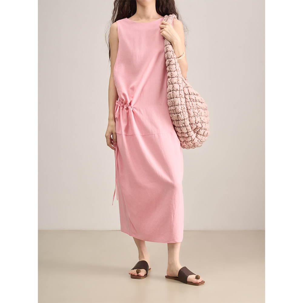 LANVIVIER 自然纯粹之美 腰间抽绳褶皱背心式无袖宽松长款连衣裙