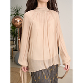 LANVIVIER 静奢飘带领自然褶皱连肩灯笼袖 半透双层顺纡绉垂坠上衣