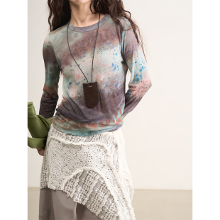 艺术系印花半透圆领套头长袖 油画里 T恤女 跌进印象派 LANVIVIER