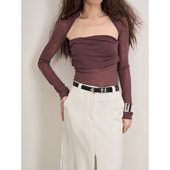 LANVIVIER温柔一刀雾霾紫柔软亲肤自然褶皱针织抹胸 连肩披肩上衣