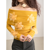 针织衫 LANVIVIER 女 饰 文艺感卷边一字肩薄款 法式 浪漫立体花朵装