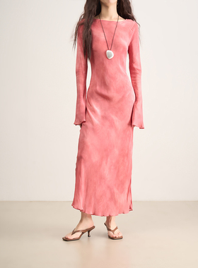 LANVIVIER 落日粉色晚霞晕染丝质显瘦收腰喇叭袖长款连衣裙女神裙