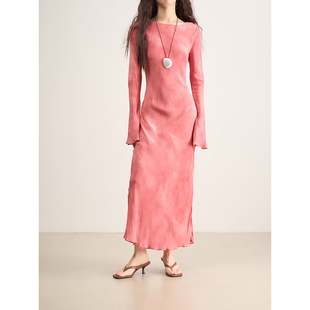连衣裙女神裙 长款 LANVIVIER 落日粉色晚霞晕染丝质显瘦收腰喇叭袖