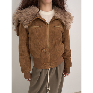 LANVIVIER 西部世界复古麂皮绒磨毛面拉链连帽毛毛领保暖夹克外套