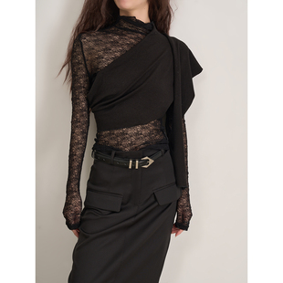 仿两件半透高领蕾丝打底围裹式 文艺清冷感 披肩上衣女 VIVIER LAN