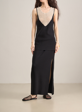 LANVIVIER 文艺果敢的性格 钩针绳结镂空拼接针织上衣+开衩长半裙