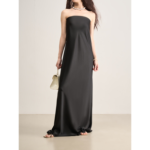 LANVIVIER 极简高奢 流光缎面垂坠感纯黑抹胸长款拖地女神连衣裙