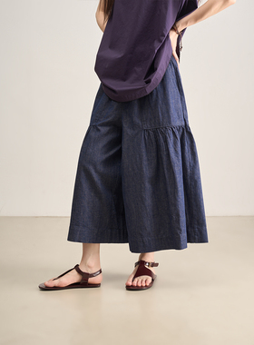LANVIVIER 解构混搭文艺感复古水洗靛蓝宽松裤腿大摆牛仔裙裤女