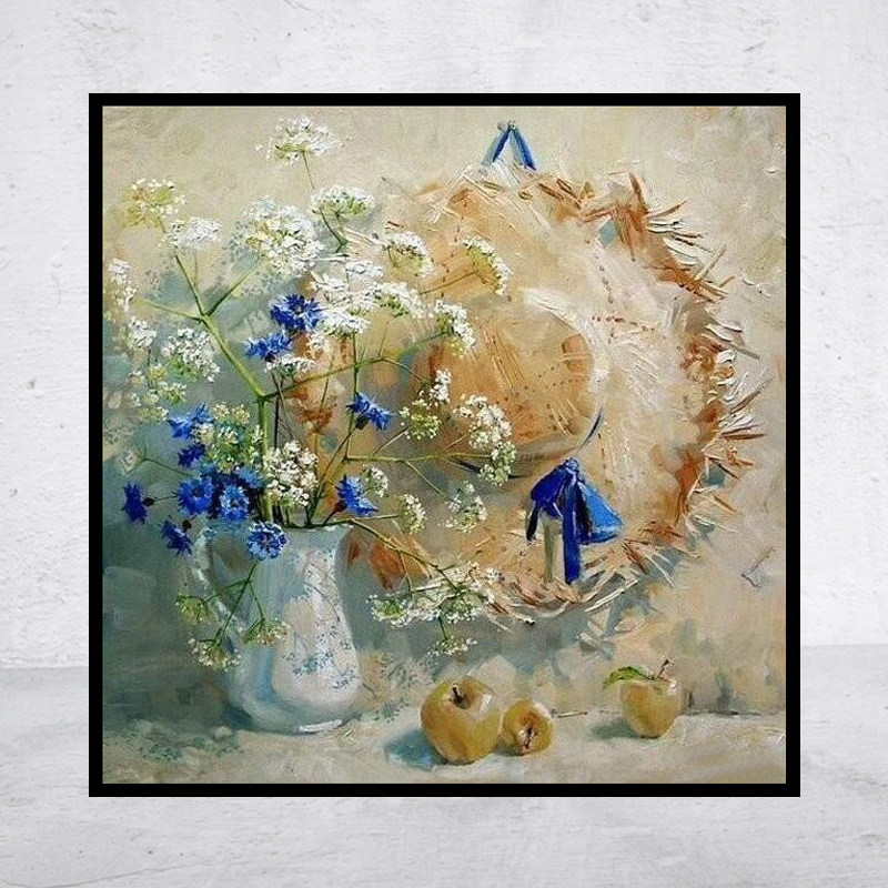 5d钻石画油画草帽花瓶方圆钻满贴十字绣满绣印花包邮