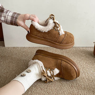 黑色加绒加厚防滑厚底雪地棉鞋女