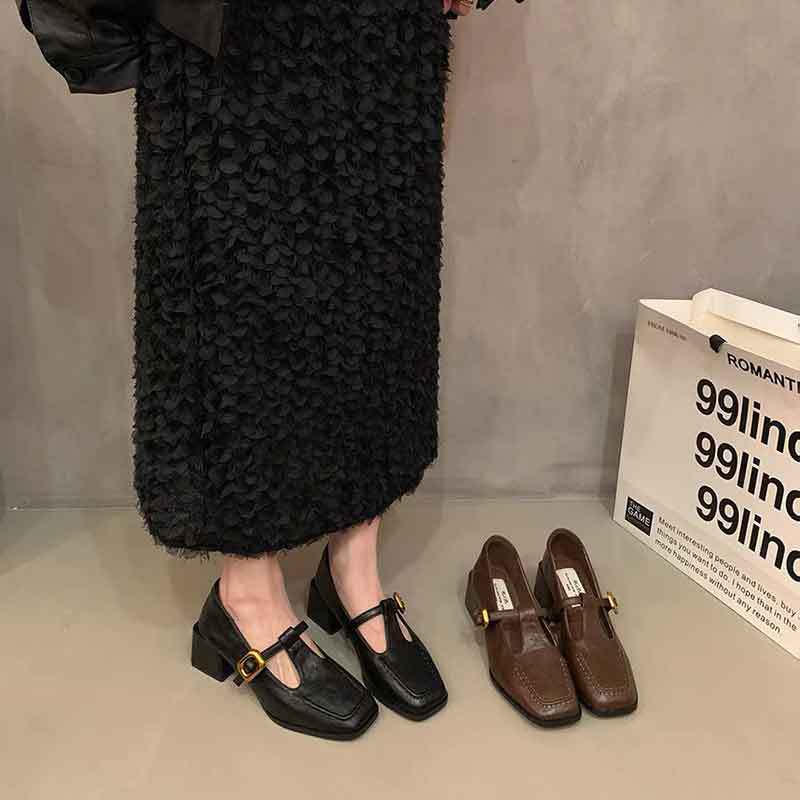 法式复古方头粗跟单鞋女春秋新款