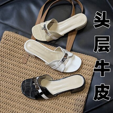 牛皮版~超贵气4cm粗跟鳄鱼纹锁扣拖鞋女2026新款气质凉拖鞋外穿夏