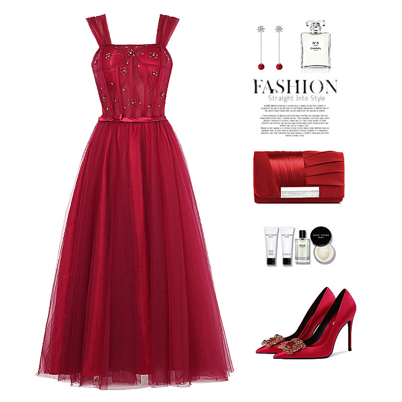 梨兮新款裙子复古手工钉珠纯色吊带网纱连衣裙高腰长裙礼服蓬蓬裙