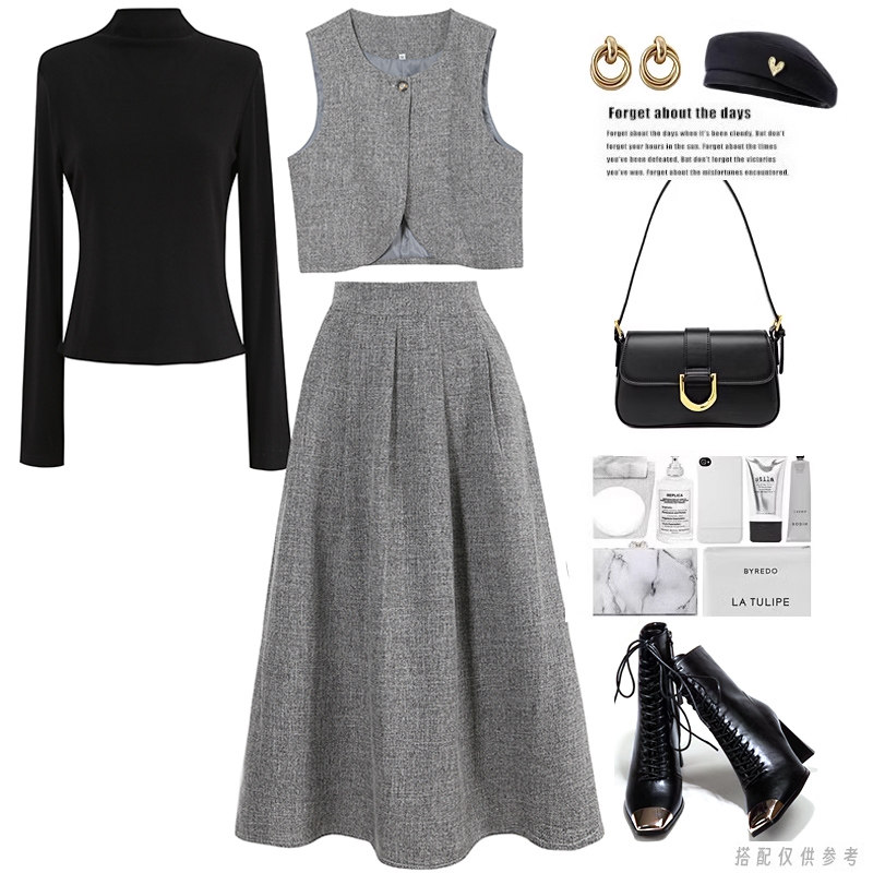 梨兮秋冬新款修身打底衫+毛呢背心+高腰半身裙三件套裙子套装显瘦