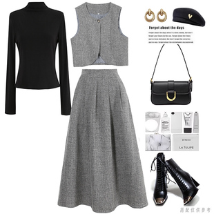 梨兮秋冬新款修身打底衫+毛呢背心+高腰半身裙三件套裙子套装显瘦