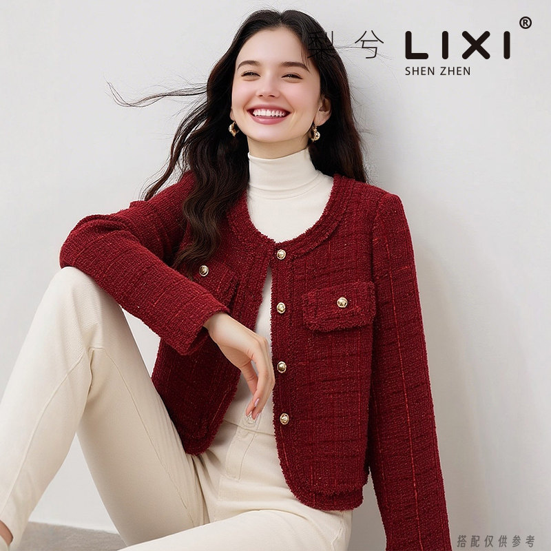 专柜同款新年红色细闪金丝粗花呢短外套法式小香风呢料上衣显瘦,女装/女士精品,短外套,淘宝优惠券,粉丝福利购,淘宝优惠卷