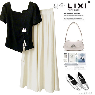 裙两件套时尚 专柜同款 黑色短袖 花朵绑带上衣纯色大摆裤 一整套 套装