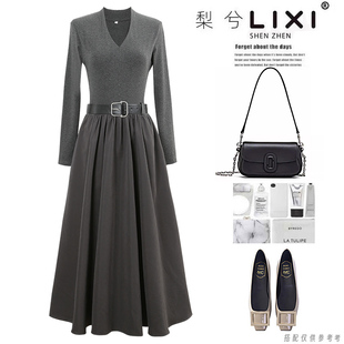 专柜同款秋新法式V领纯色长袖假两件修身连衣裙高腰中长裙配腰带