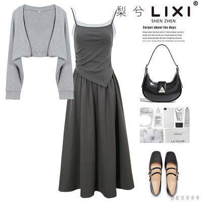 专柜同款秋季新款短款长袖开衫假两件棉质吊带裙收腰连衣裙套装