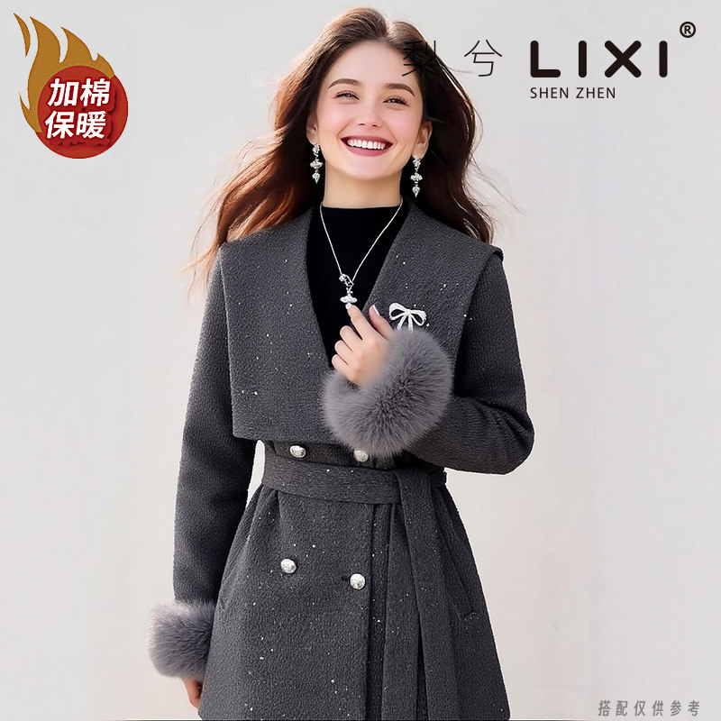 专柜同款冬款轻奢小香风细闪毛呢外套毛毛袖高级感加棉加厚呢大衣