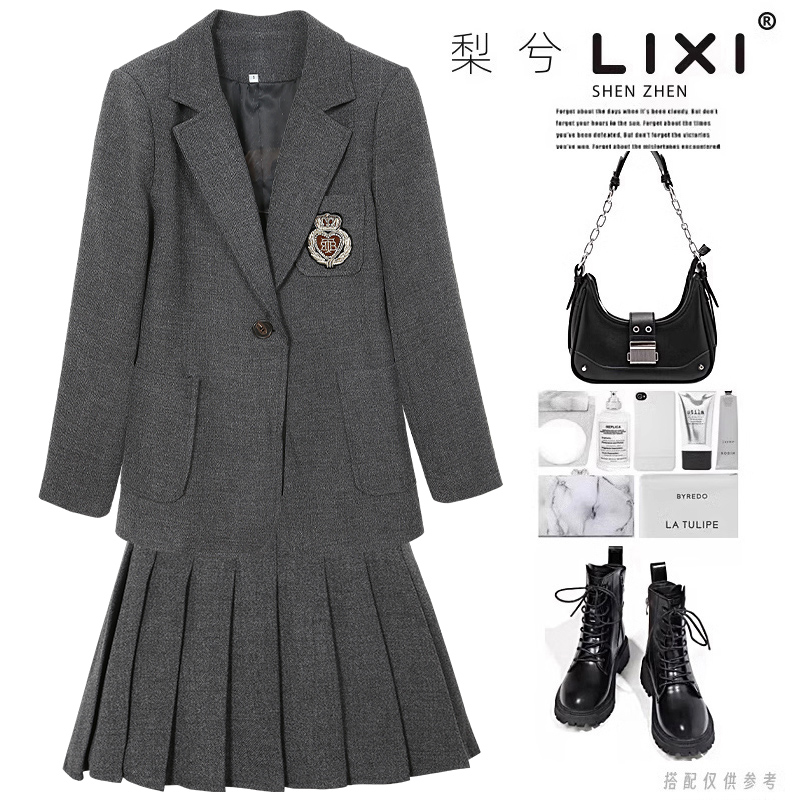 专柜同款冬季厚款学院风毛呢西装外套百褶短裙两件套时尚套装裙女