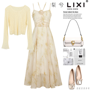 专柜同款春夏印花雪纺连衣裙花朵吊带裙针织开衫两件套套装裙收腰