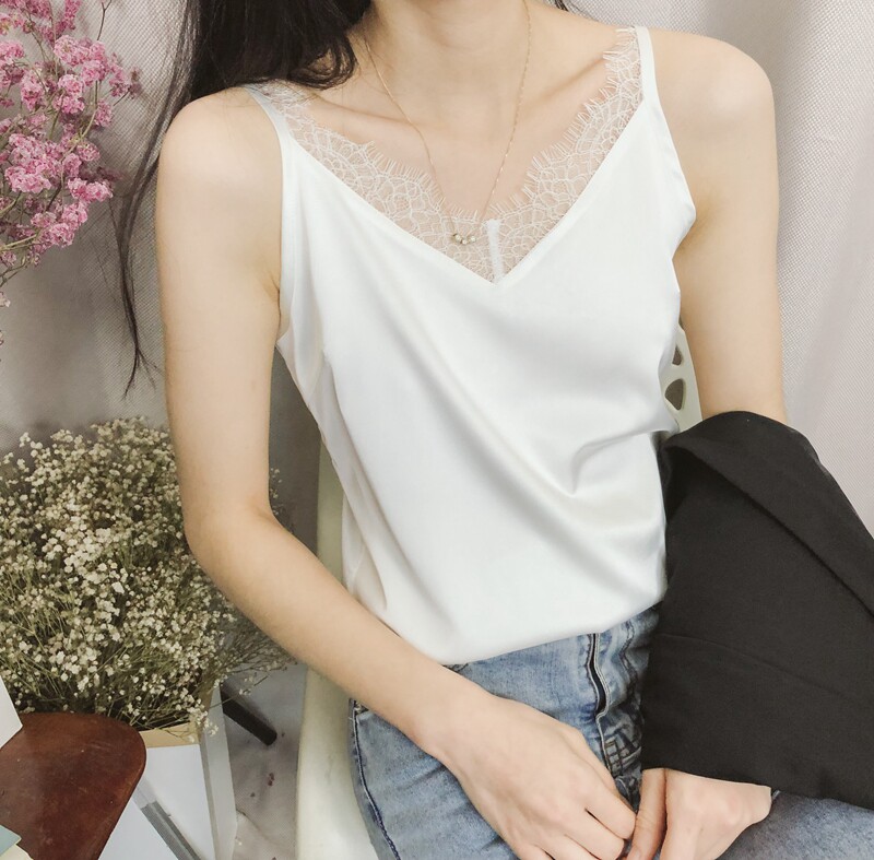自制 睫毛蕾丝V领吊带背心女高端丝绸缎面真丝拼接V领宽松打底衫