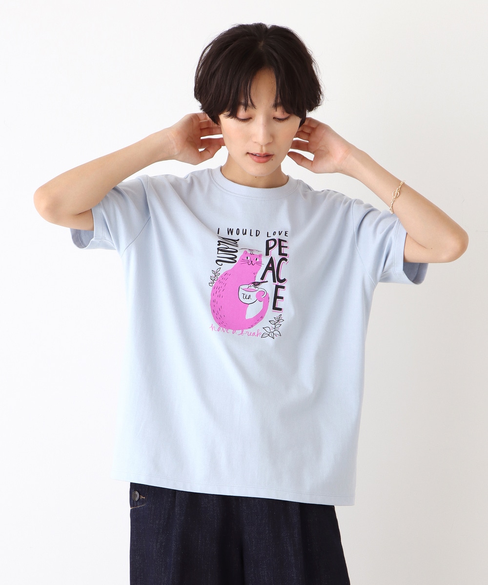 日本下午茶小清新印花纯棉圆领短袖T恤peace喵图案款舒适百搭清仓