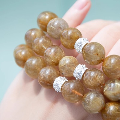 【富贵满堂】高货 满发金发晶手串 大颗14mm 纯银配饰 招彩补金水