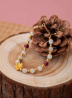 【好运连连】925银 和田玉珠 朱砂珠 银镀金莲花 好事发生 手串