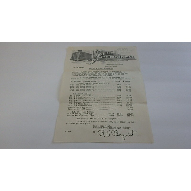 LETTERHEAD NORTHERN ROCK ISLAND PLOW CO. MINNEAPOLIS MINNESO