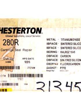 CHESTERTON 280R 双碳化物密封修复 -28 轴尺寸 3.5000 库存 #346