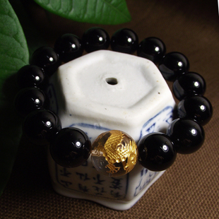 正品黑玉髓手链天然水晶手链圆珠雕刻12生肖龙珠高档男女饰品手串
