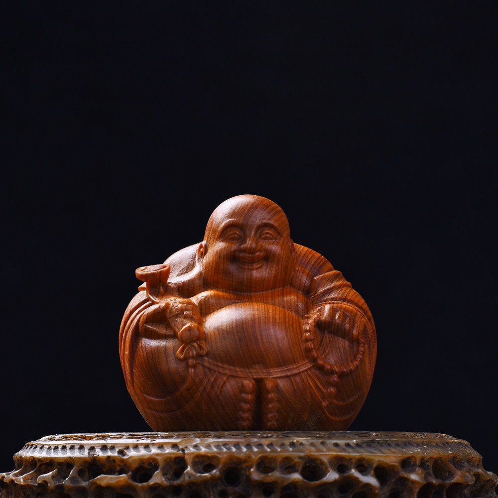 天然崖柏实木雕刻弥勒佛像一团和气文玩手把件招财桌面车载小摆件