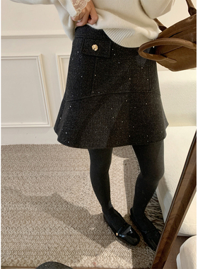 2025新款秋冬季韩系chic轻熟a字鱼尾亮片毛呢短款半身裙子女士