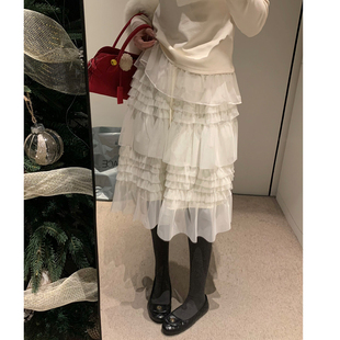 2026春夏新款A字中长裙网纱蛋糕裙高腰显瘦多层荷叶边半身裙子女