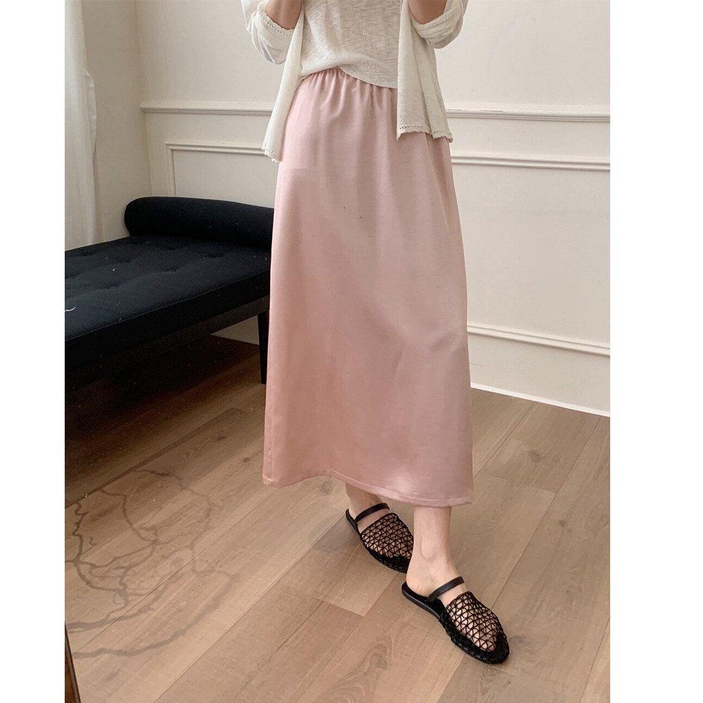 2026春夏季中长款百搭白色气质A字直筒后开叉醋酸缎面半身裙子女