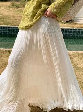 2025新款开春漂亮法式a字显瘦气质褶皱大裙摆长款白色半身裙子女