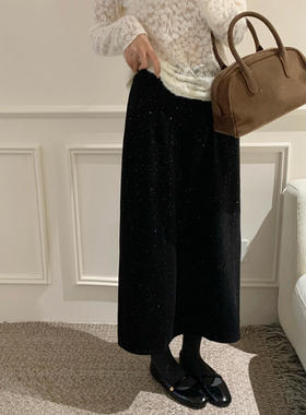 2025新款秋冬黑色毛呢A字直筒开叉半身裙女高腰显瘦中长质感半裙