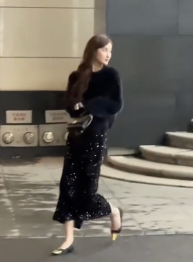 DYC秋冬季新款丝绒中长款包臀直筒黑色亮片闪闪开衩半身裙子女春