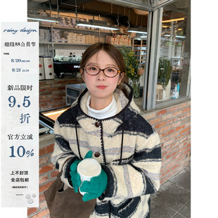 撞色条纹连帽羊羔毛呢外套女冬季 RAINY 宽松保暖圈圈毛减龄大衣