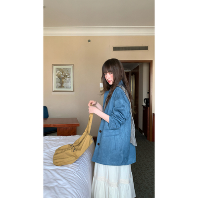 RAINY 韩系复古宽松麂皮中长款外套春秋女直筒盖袋翻领单排扣夹克