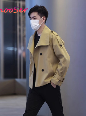 卡其色短款风衣外套男士春秋冬季2025新款高级感韩版翻领夹克男款