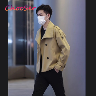 卡其色短款风衣外套男士春秋冬季2025新款高级感韩版翻领夹克男款